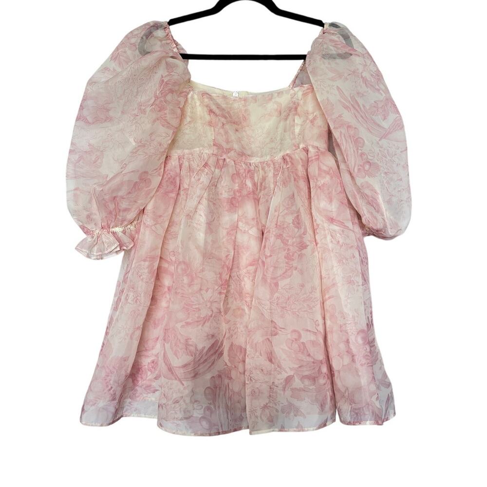 Selkie Pink Floral Print Puff Sleeve Mini Dress Cottagecore Coquette Soft Girl
